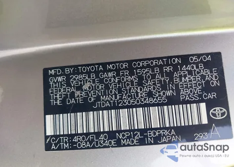 2005 Toyota Echo z USA, uszkodzony, nr VIN JTDAT123050348655